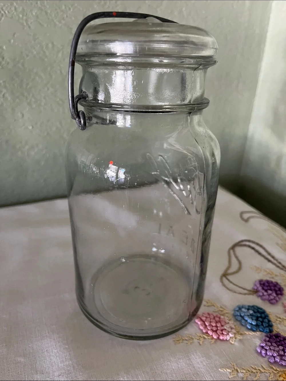 Vintage Ball Glass Canister – “Pat. Pend. 1908” Embossed Ball Logo & Wire Bail